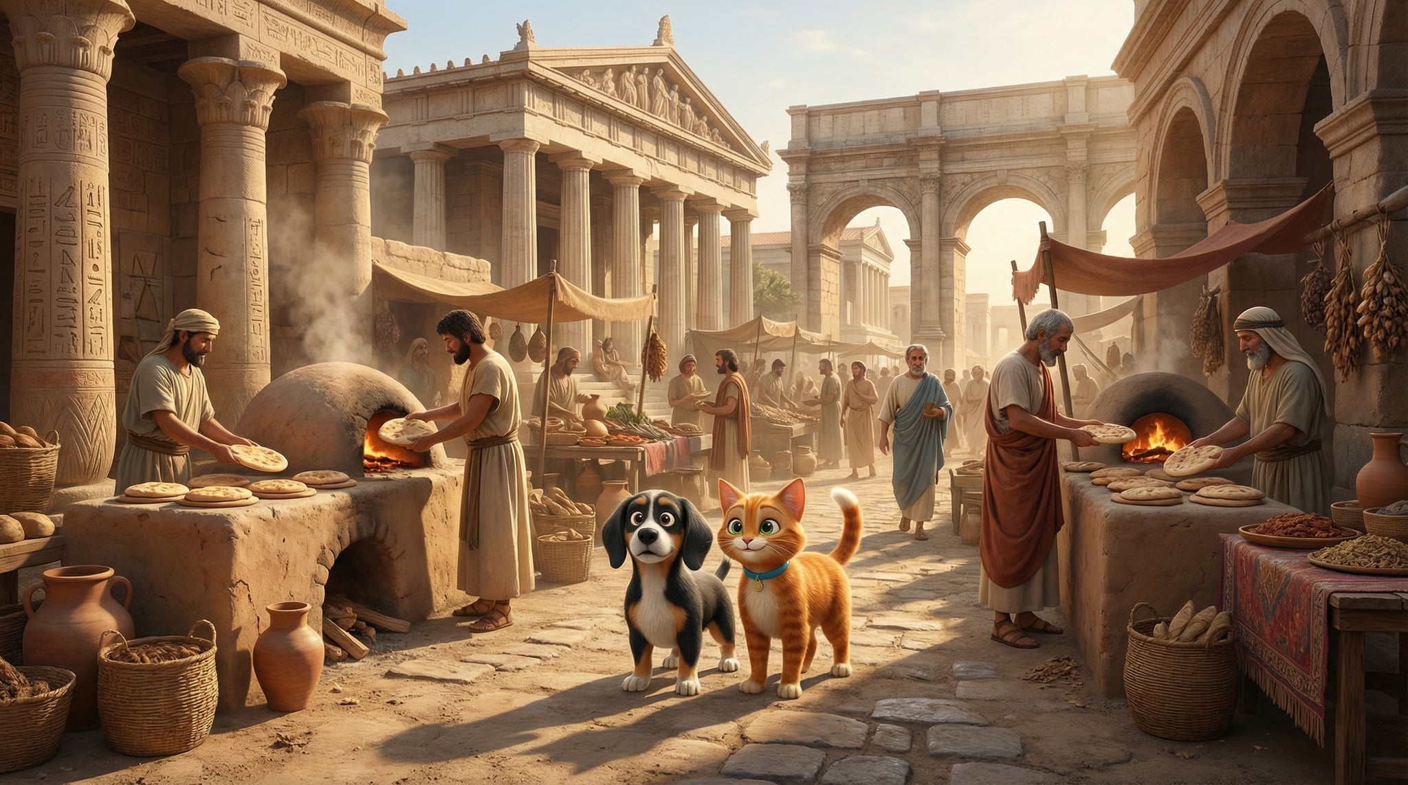 Bruno and Richard in ancient robes examining flatbreads in an Egyptian/Greek marketplace