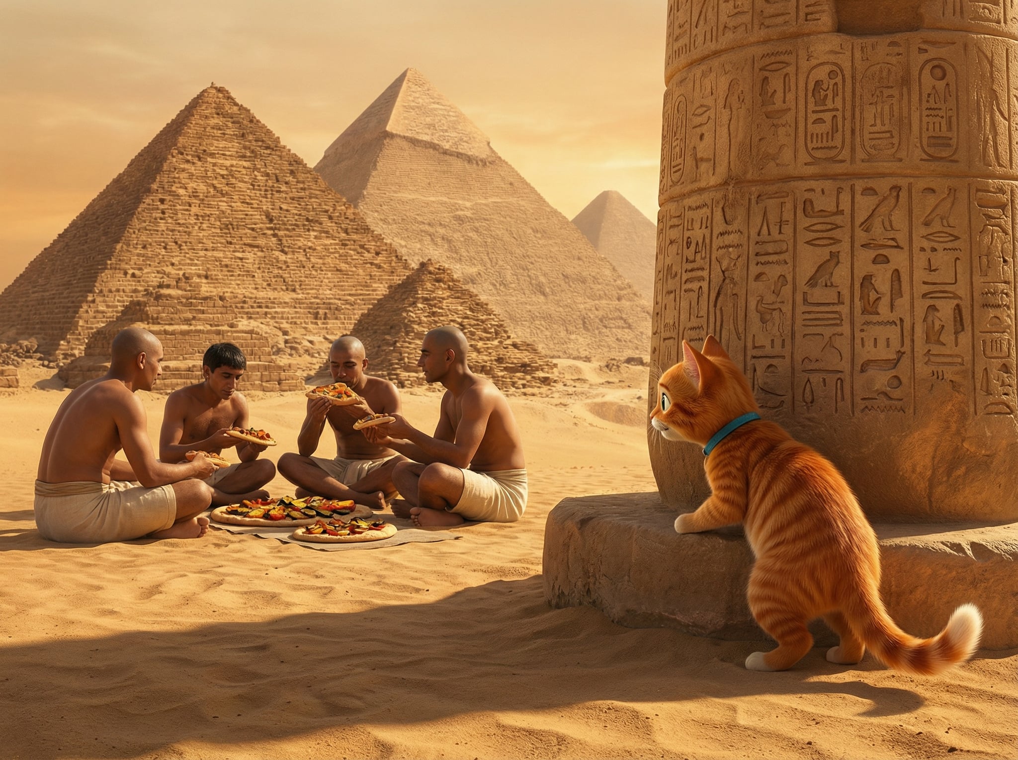 Ancient Egyptian workers eating flatbread near pyramids, illustrated with Bruno observing