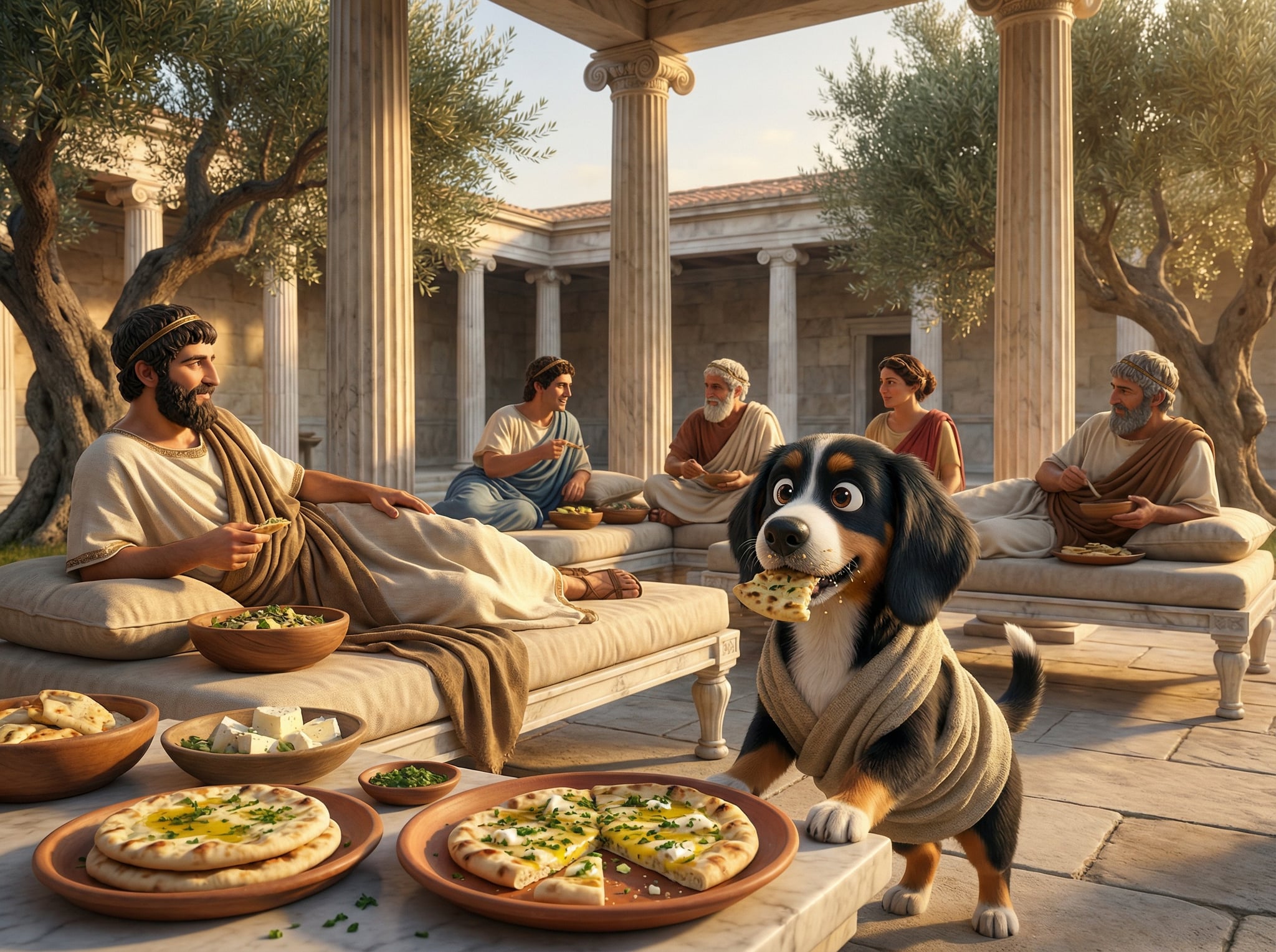 Greek symposium scene with plakous flatbread, illustrated with Richard at the feast
