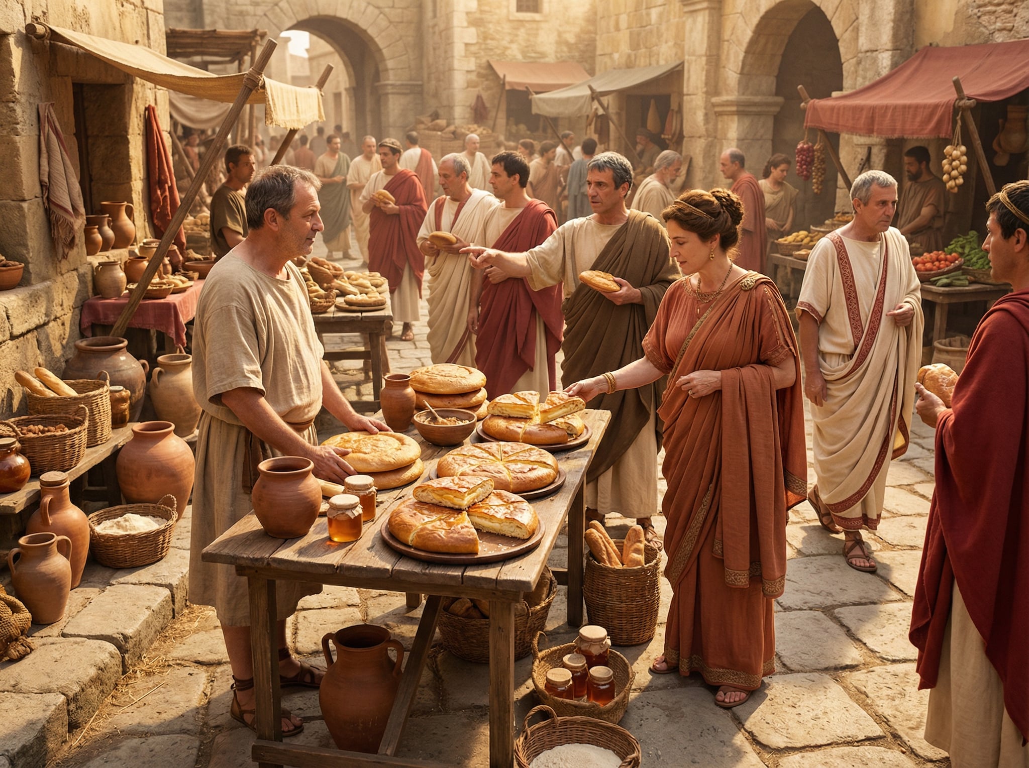 Roman market with a vendor selling placenta bread topped with cheese and honey