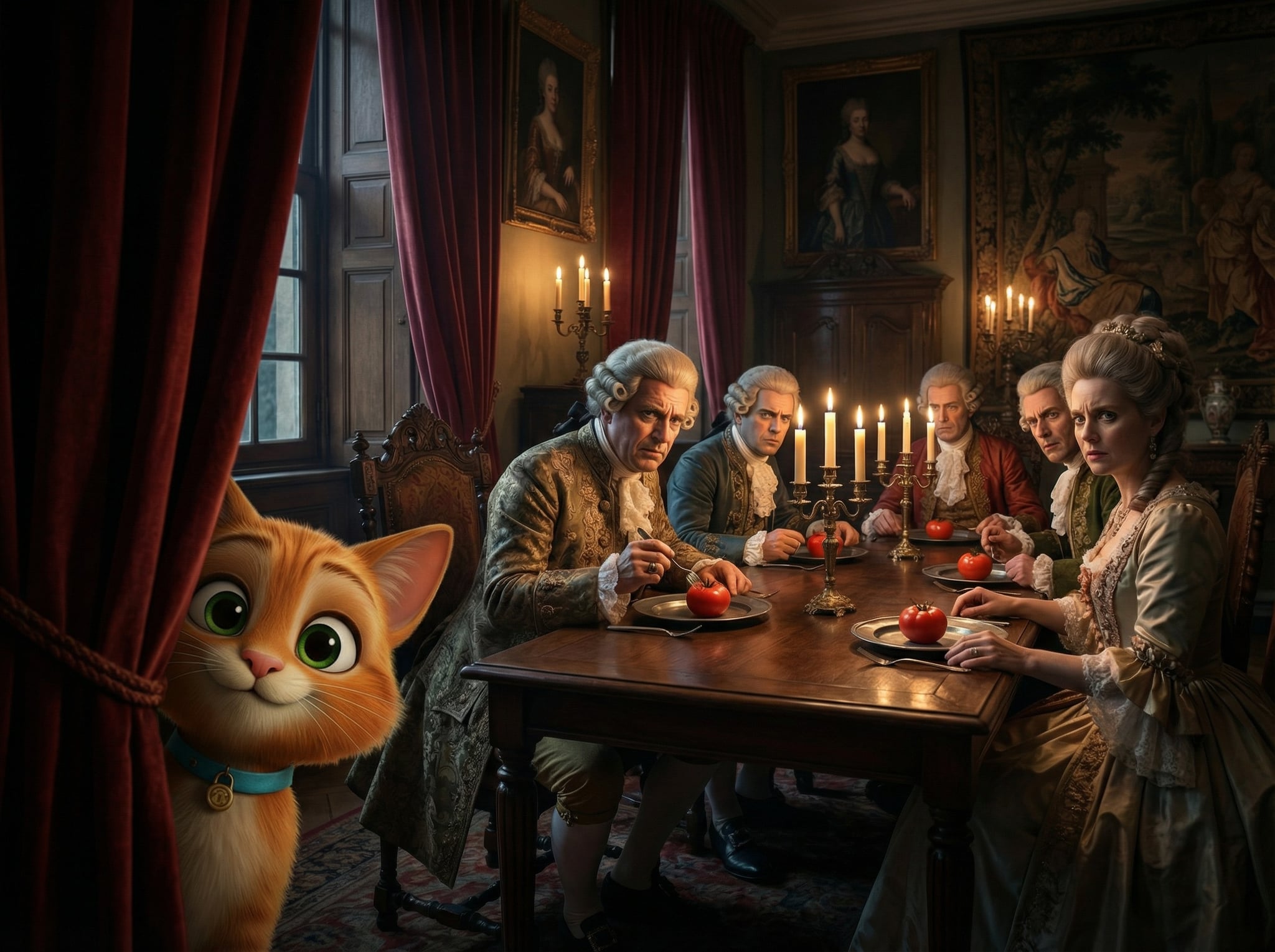 Wealthy Europeans looking suspiciously at tomatoes on pewter plates while Bruno hides behind a curtain