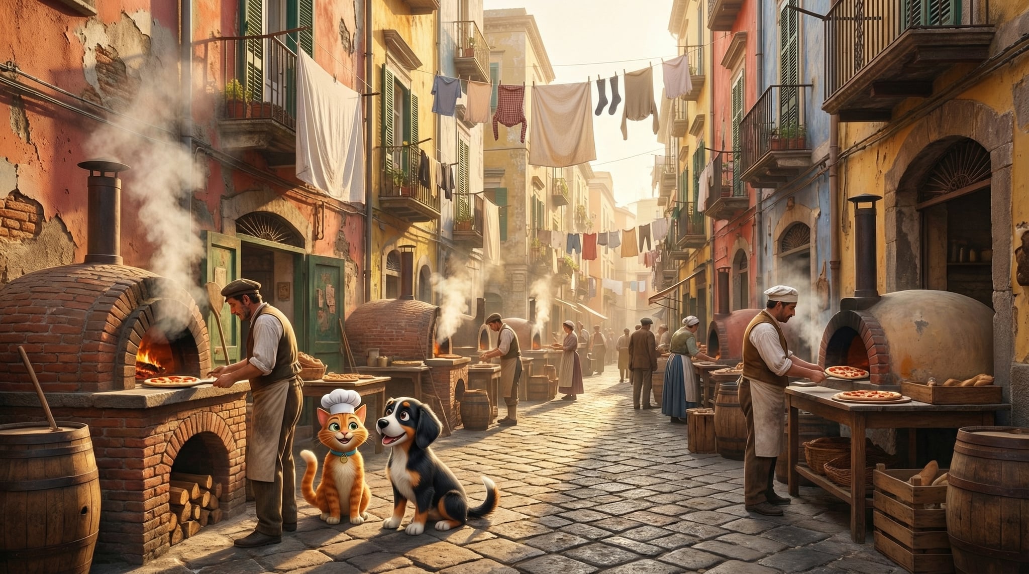 Bruno and Richard in 19th century Naples streets with pizza vendors and a wood-fired oven