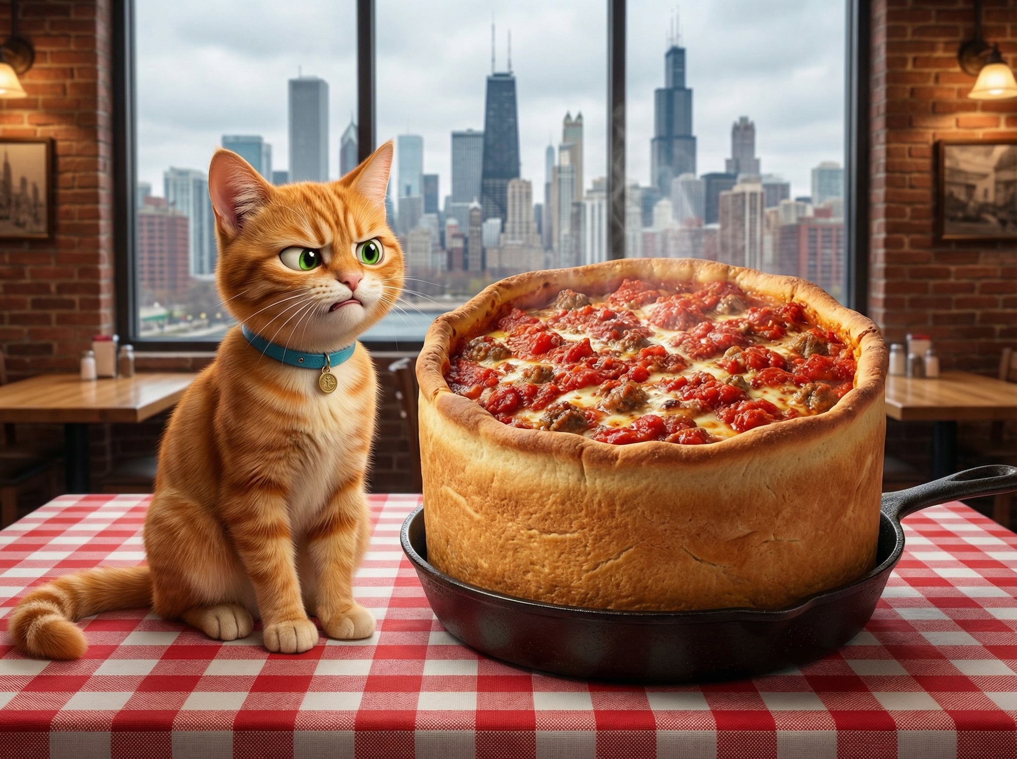 Bruno skeptically examining a deep-dish Chicago pizza that is taller than him