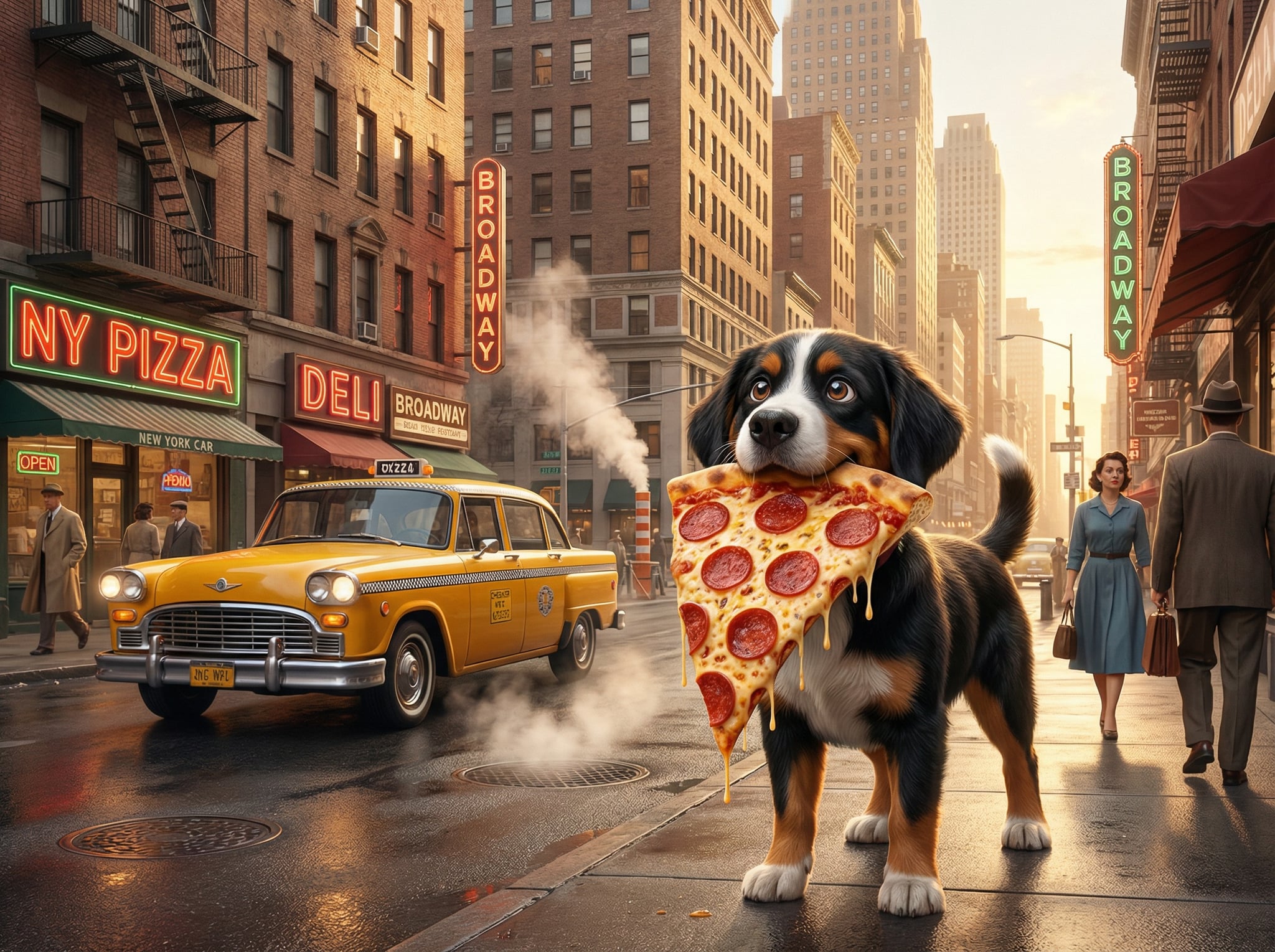 Richard folding a giant New York-style pizza slice on a busy Manhattan street