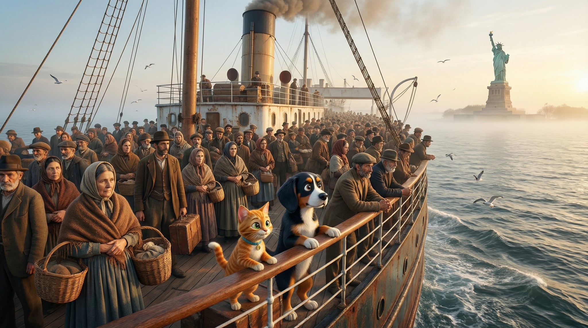 Bruno and Richard on a ship heading to America with Italian immigrants, carrying pizza ingredients