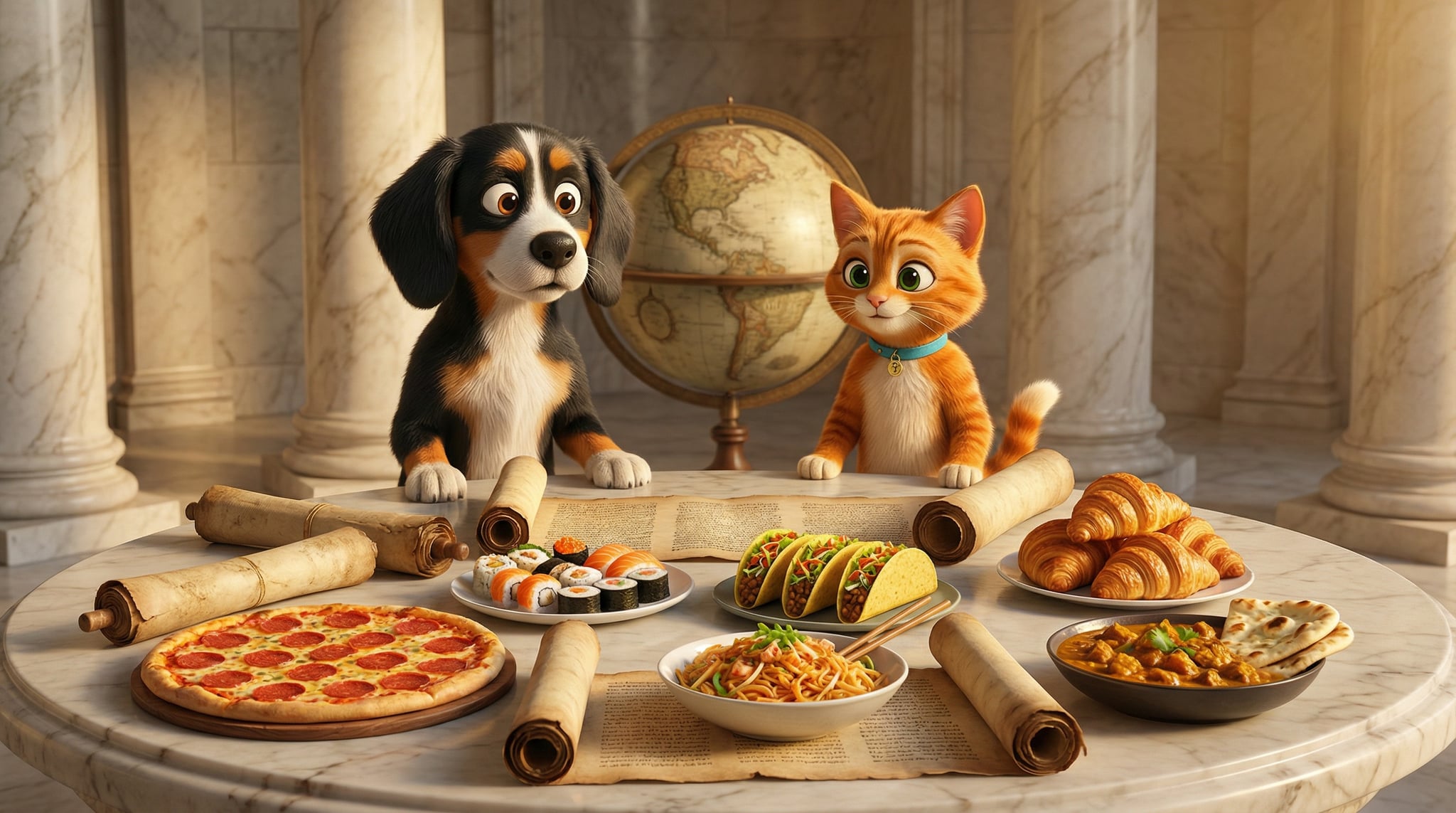 Bruno and Richard in philosophical robes debating at a table with foods from different cultures