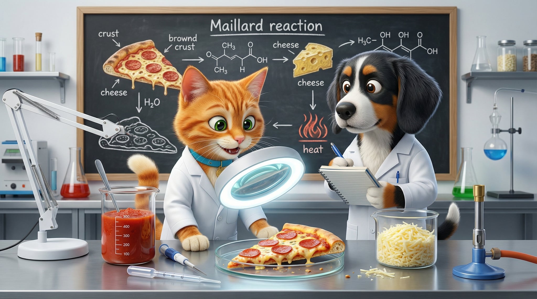 Bruno in a lab coat examining pizza chemistry with beakers and a microscope while Richard takes notes