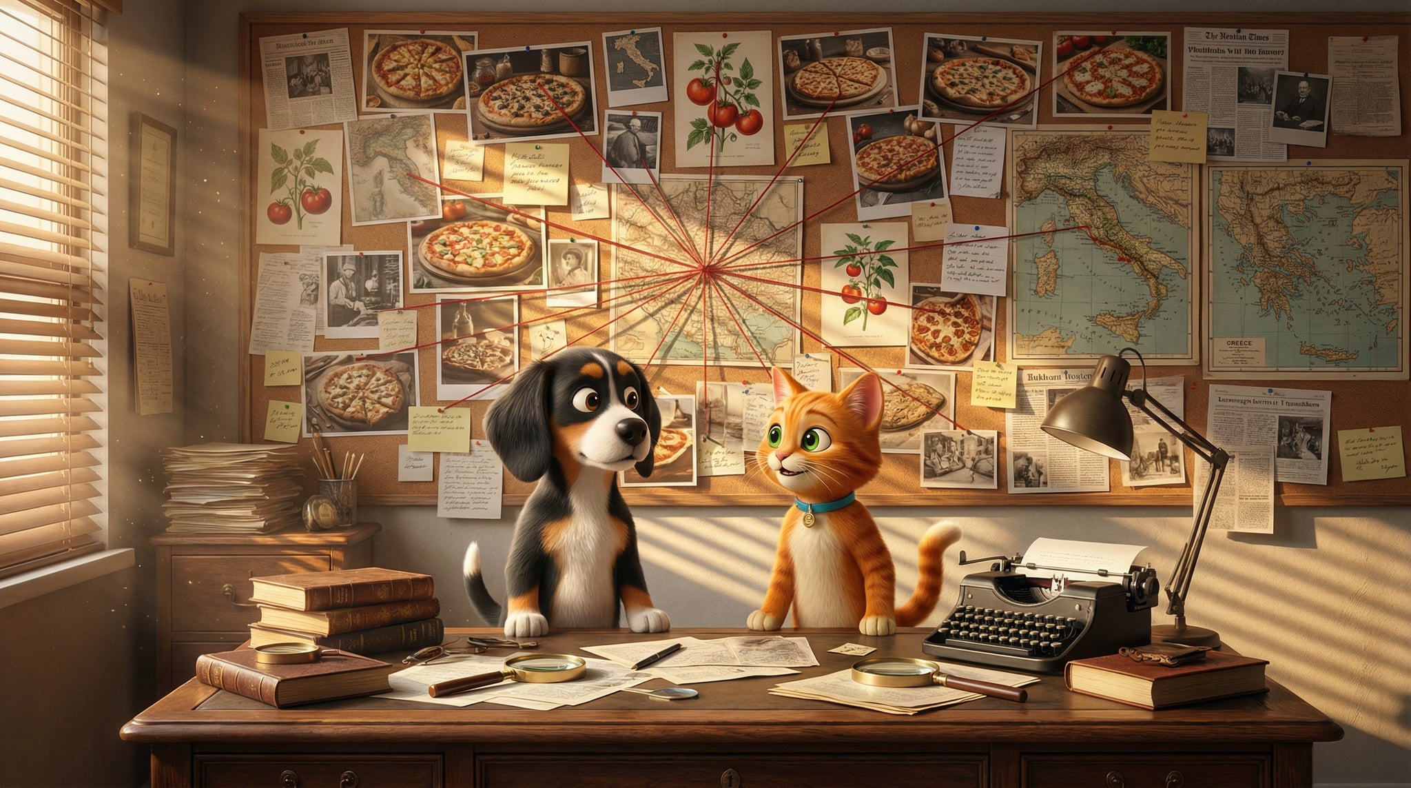 Bruno and Richard with detective gear - magnifying glasses, notebooks, and a wall of pizza evidence connected by strings