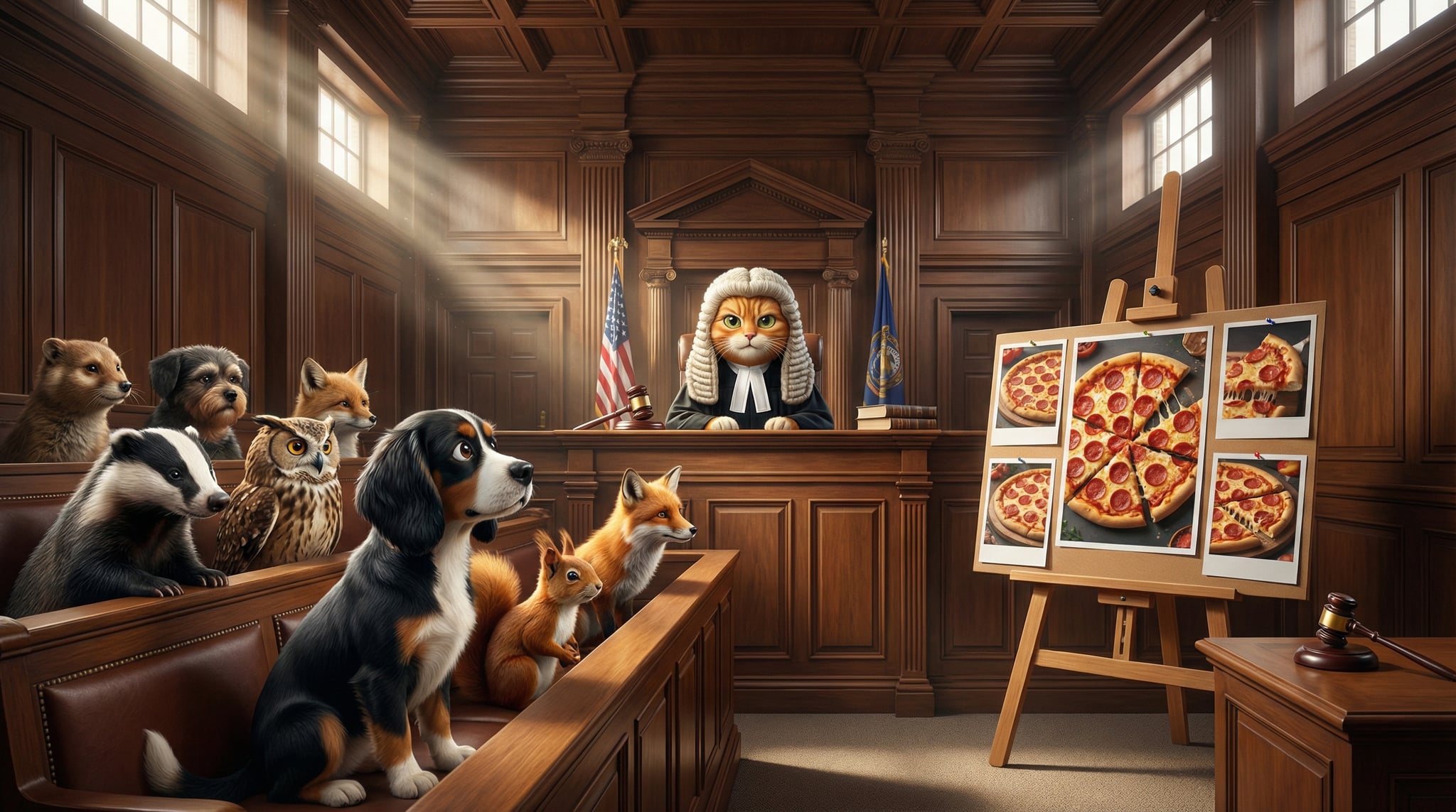 Bruno the cat as a judge with a gavel and Richard the dog as the jury, in a courtroom with pizza evidence on display
