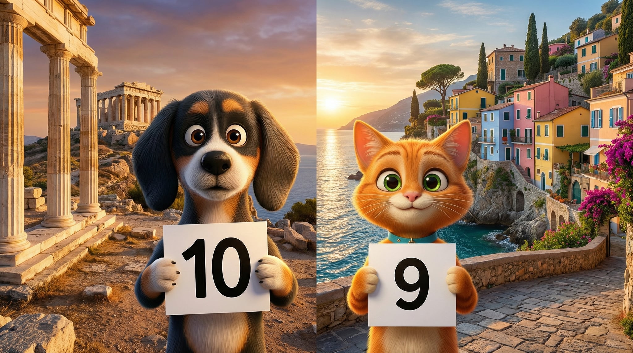 Bruno and Richard holding up scorecards, inviting the reader to make their verdict on pizza origins