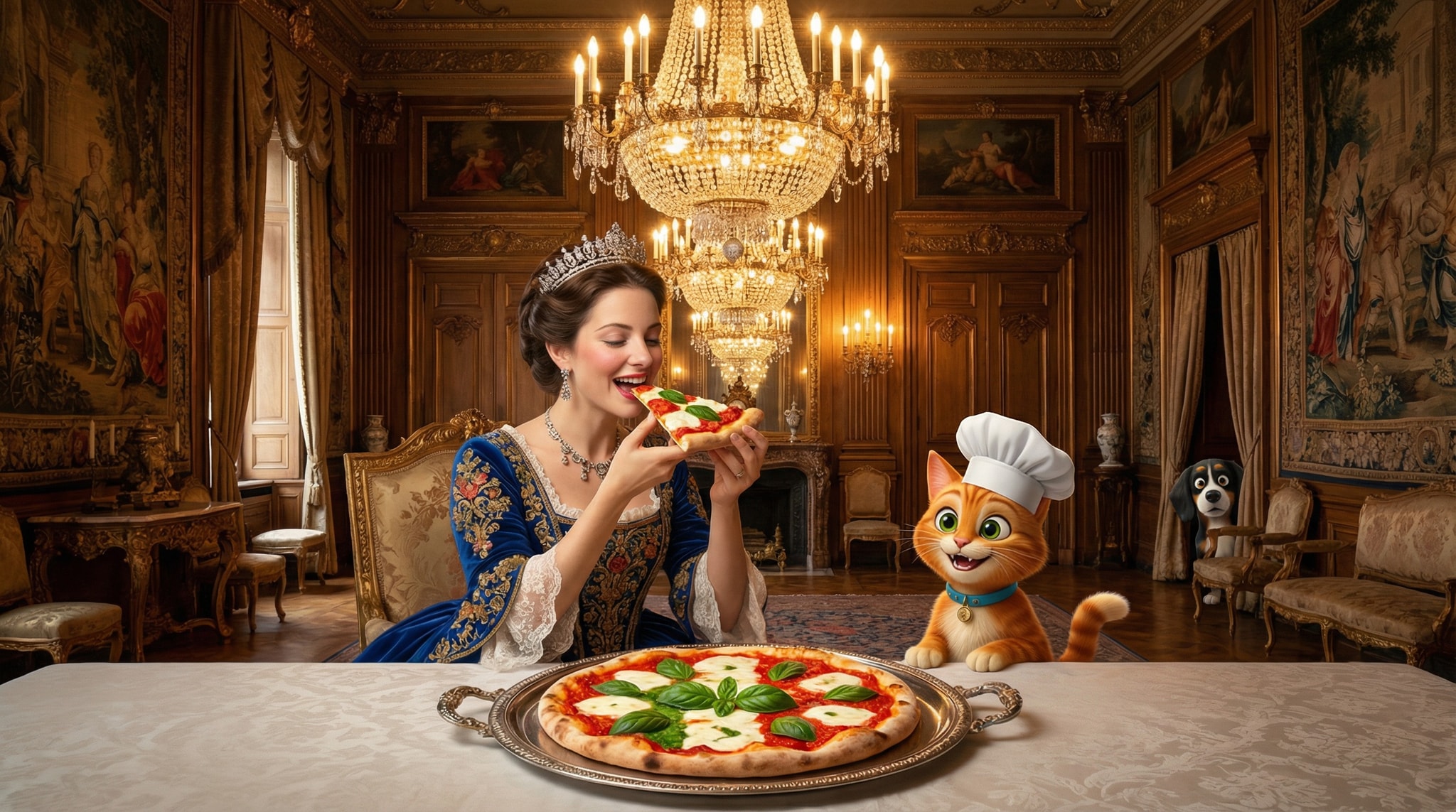 Queen Margherita tasting the famous pizza while Bruno presents it with a chef hat and Richard watches eagerly