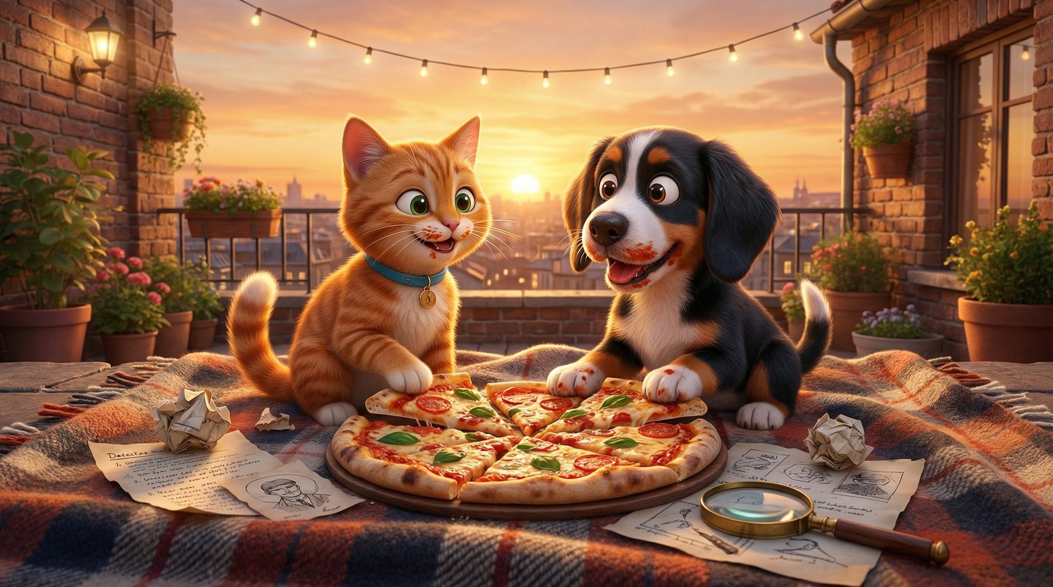 Bruno the cat and Richard the dog happily sharing a pizza together at sunset, their detective notes scattered around them