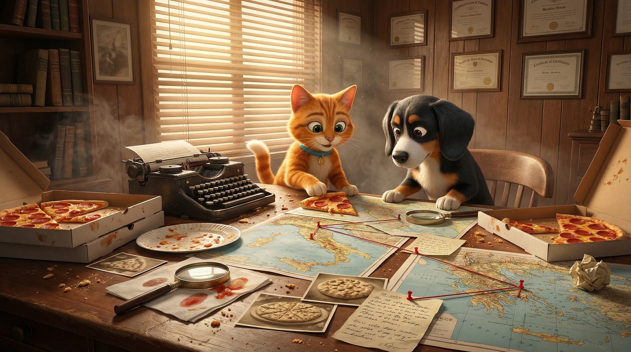 Bruno the cat and Richard the dog sitting at a detective desk covered with pizza evidence, maps, and magnifying glasses